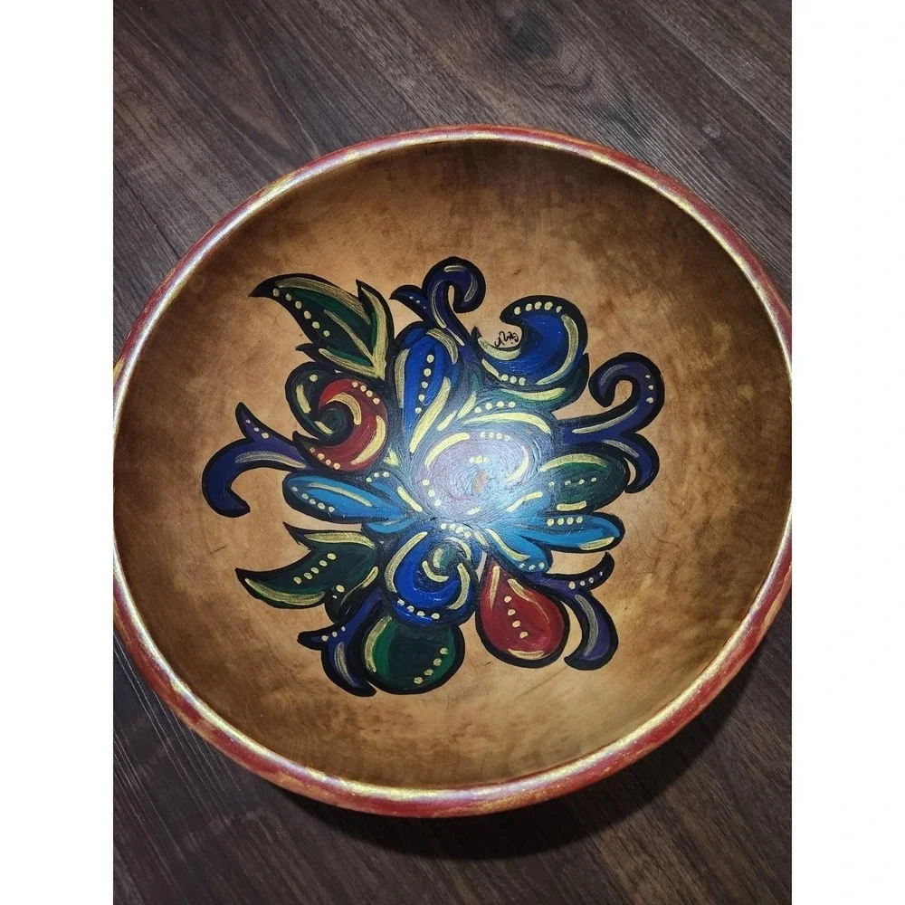 Hand Painted Wooden Decorative Bowl Large Brown Floral Rustic Primitive Unmarked